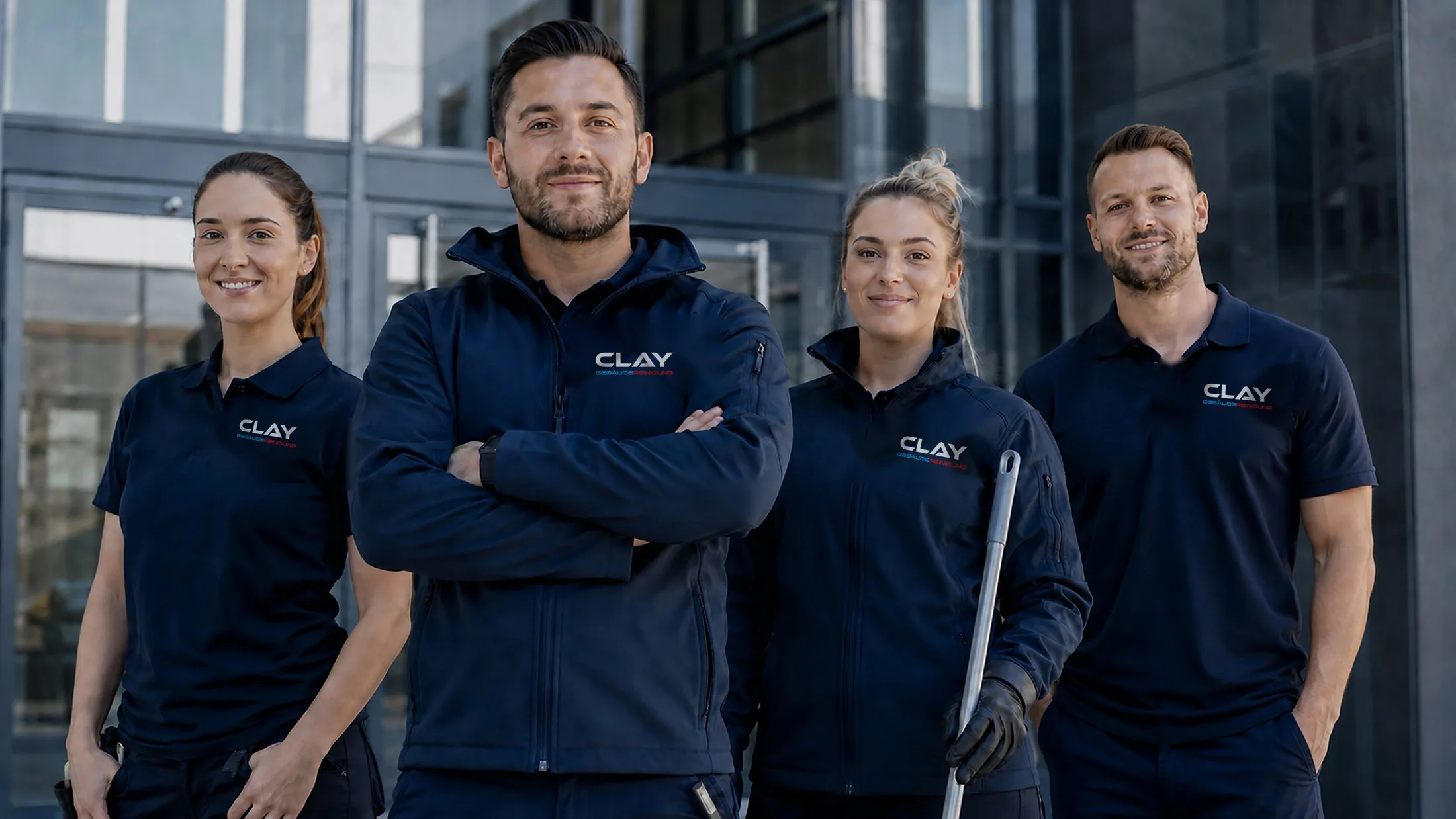 Team der CLAY Gebäudereinigung vor modernem Gebäude